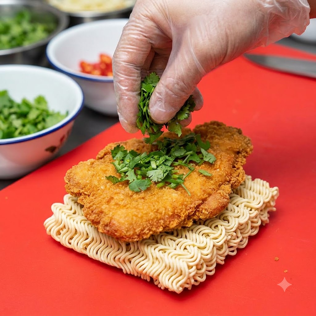 Une main gantée saupoudrant du persil vert haché sur une côtelette de poulet panée dorée posée sur des nouilles instantanées sèches.