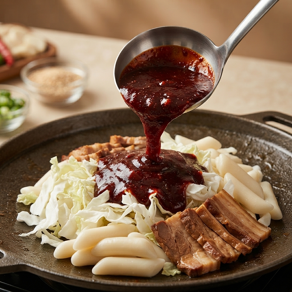 Une louche en métal versant une sauce rouge foncé épicée sur un lit de chou tranché, de gâteaux de riz blancs et de viande grillée dans une poêle à hot-pot.