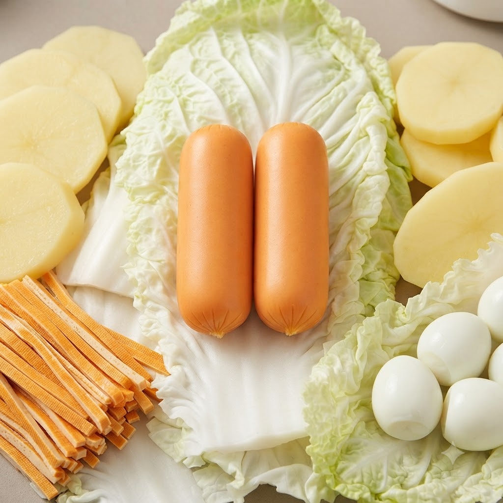 Un assortiment dingrédients de hot-pot crus comprenant deux saucisses, des œufs de caille, des tranches de pommes de terre, des lanières de tofu et du chou napa.