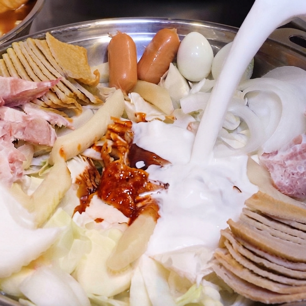 Du lait blanc frais versé dune pichet dans une poêle à hot-pot remplie de divers ingrédients, de sauce épicée et doignons tranchés.