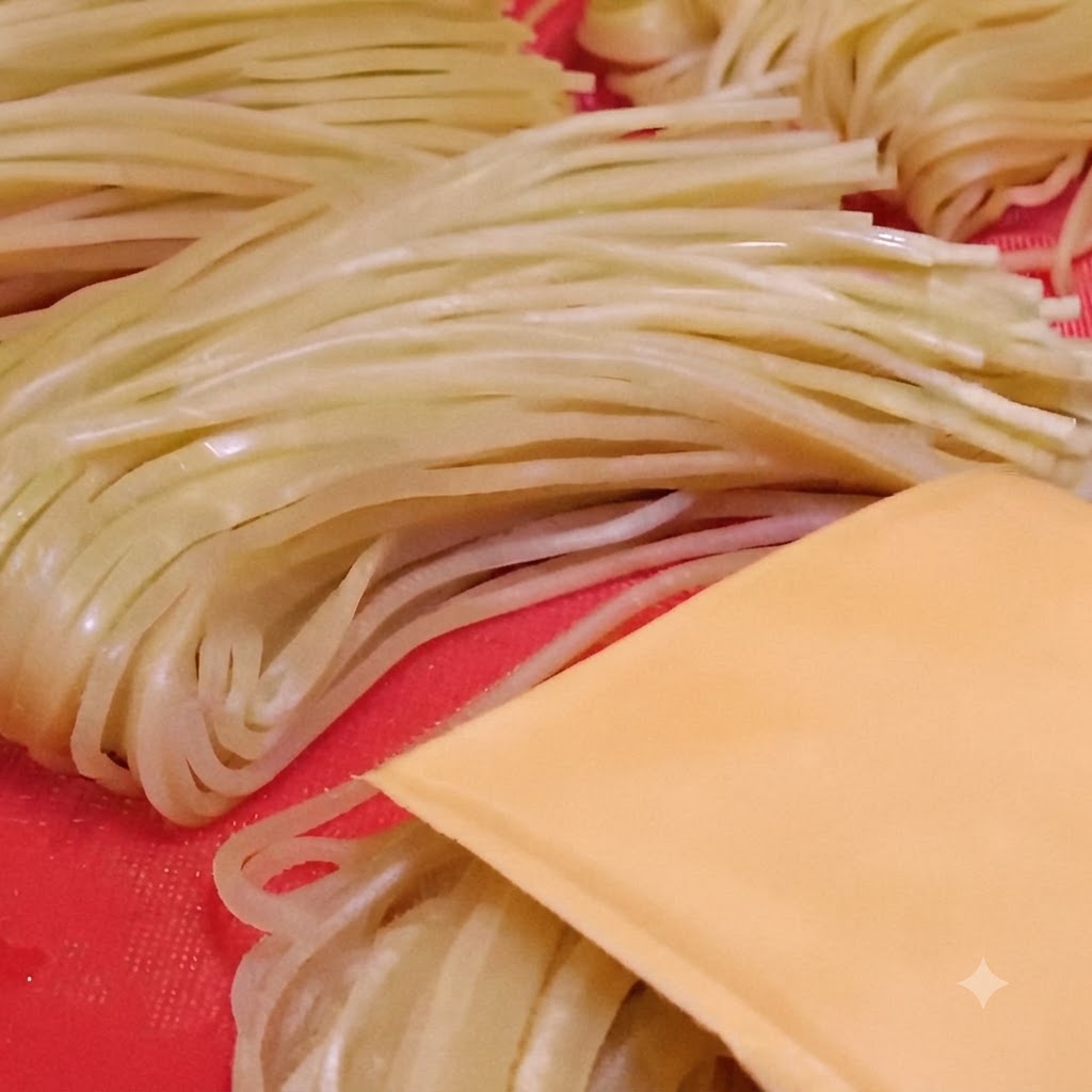 Une tranche de fromage jaune placée sur le dessus de nouilles italiennes cuites pliées sur une surface rouge.