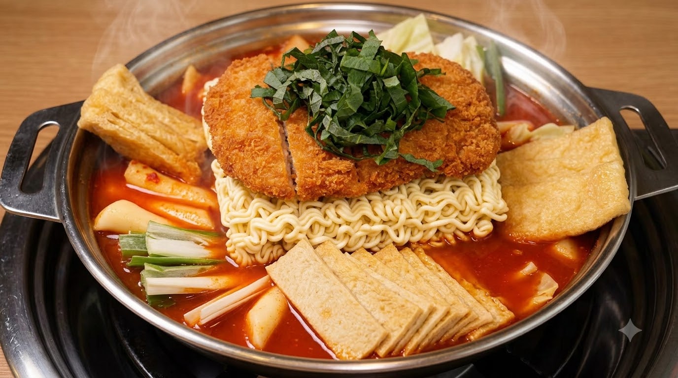 Gros plan dun hot-pot tteokbokki façon armée préparé, avec une côtelette de poulet frite dorée reposant sur des nouilles, garni dherbes et entouré dingrédients colorés dans une poêle métallique.