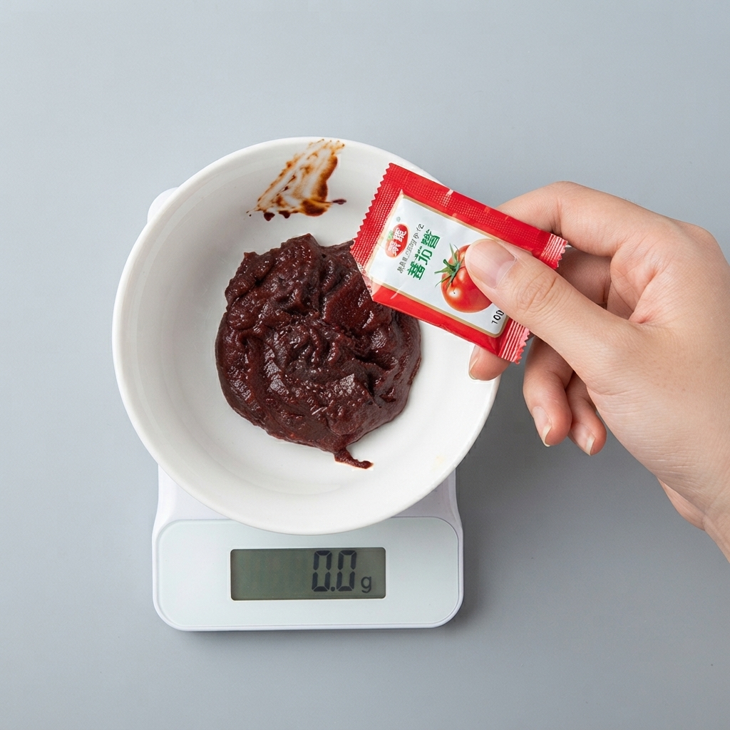 Une main pressant un sachet rouge de sauce tomate dans le bol blanc contenant la pâte de piment coréenne sur une balance numérique.