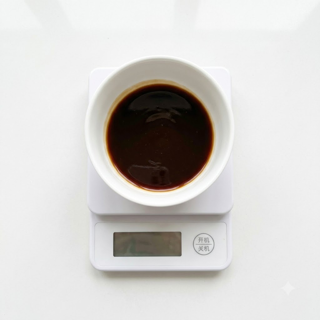 Un bol blanc sur une balance numérique rempli du mélange de sauce sombre et deau ajoutée.