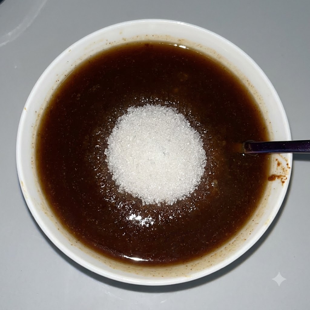Un tas de sucre blanc granulé posé sur la sauce brun foncé dans le bol blanc.