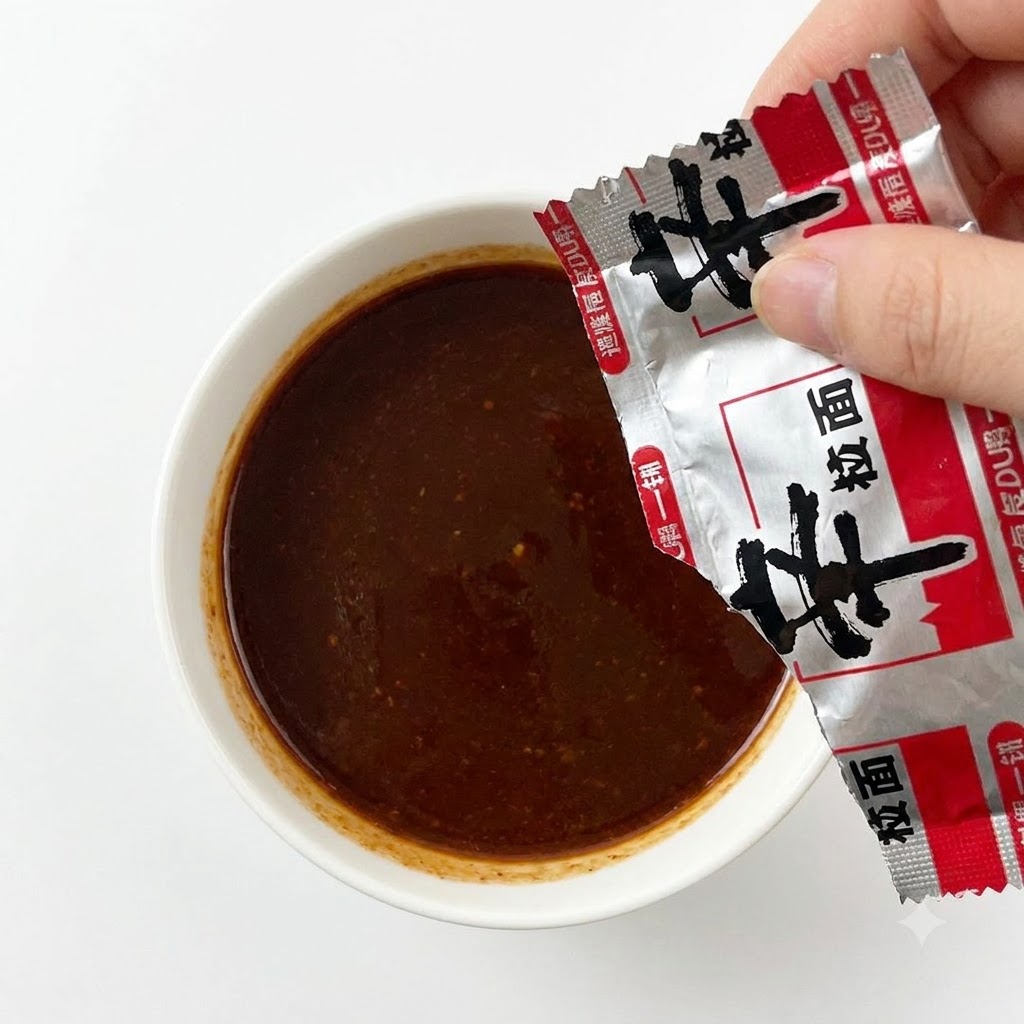 Une main ouvrant et versant un sachet dassaisonnement rouge et argenté pour ramen épicés dans le bol de sauce préparé.