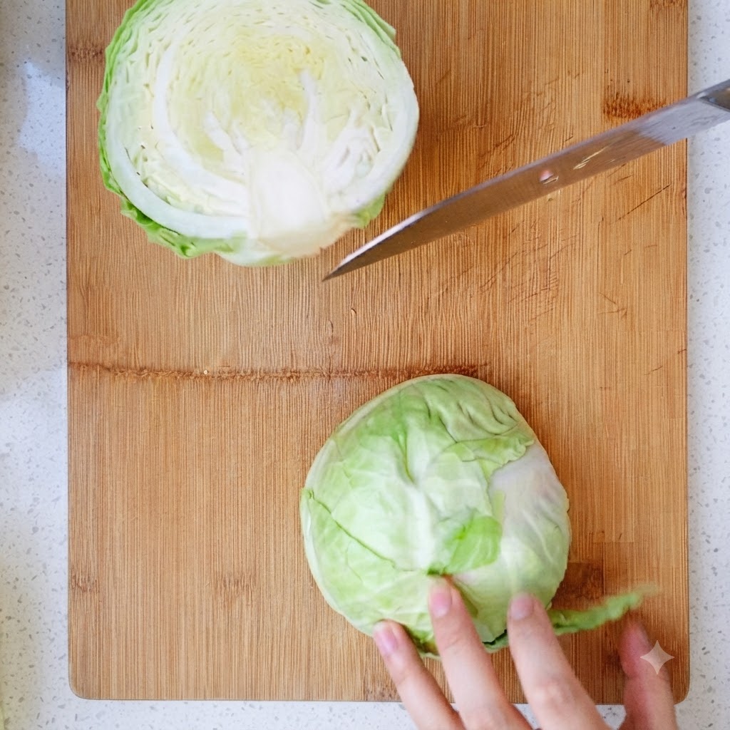 Un chou en train dêtre coupé en gros morceaux avec un couteau de cuisine sur une planche.