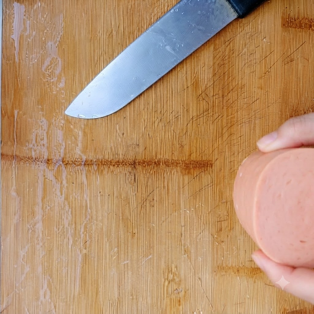 Épaisses tranches de viande en conserve posées sur une planche en bois à côté dun couteau.