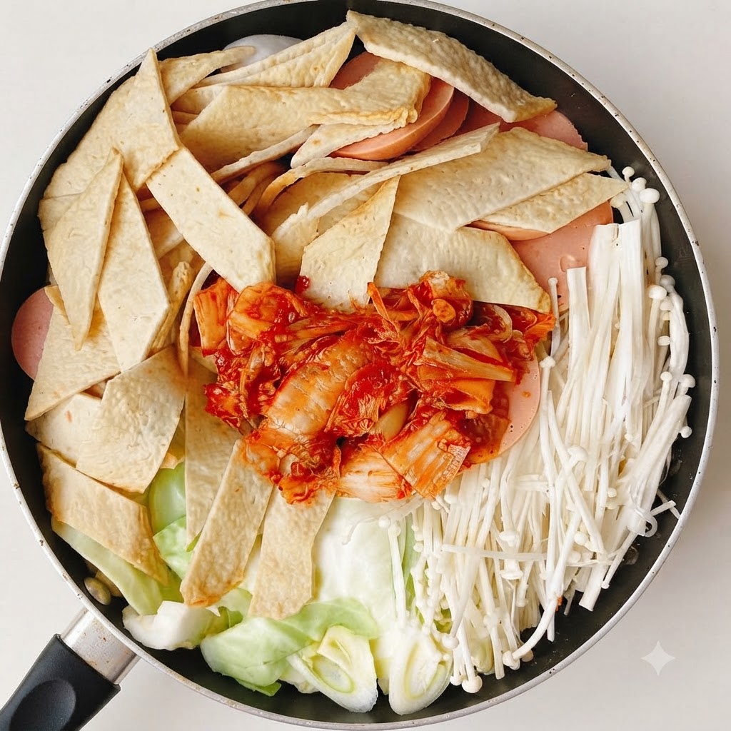 Sauce épicée coréenne et kimchi déposés au centre de la marmite garnie.