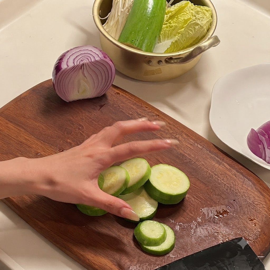 Des tranches de courgette disposées sur une planche à découper en bois à côté dun demi-oignon.