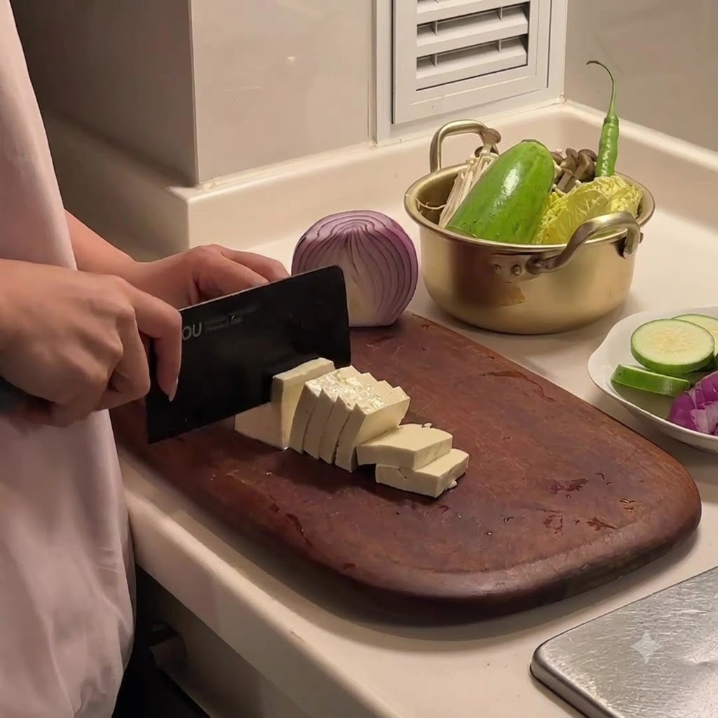 Un bloc de tofu ferme coupé en morceaux rectangulaires sur une planche à découper en bois.