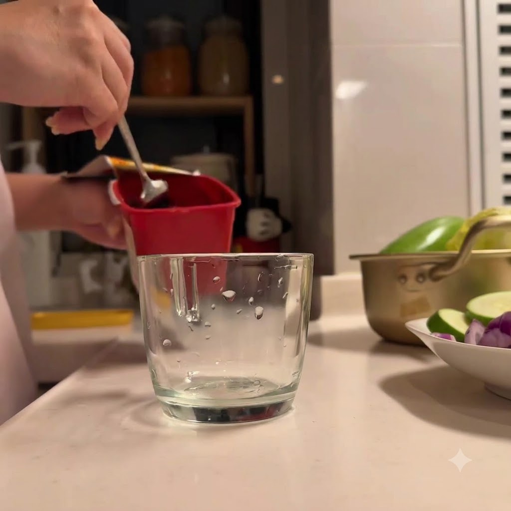 De la pâte de piment coréenne et dautres condiments versés dans un verre.