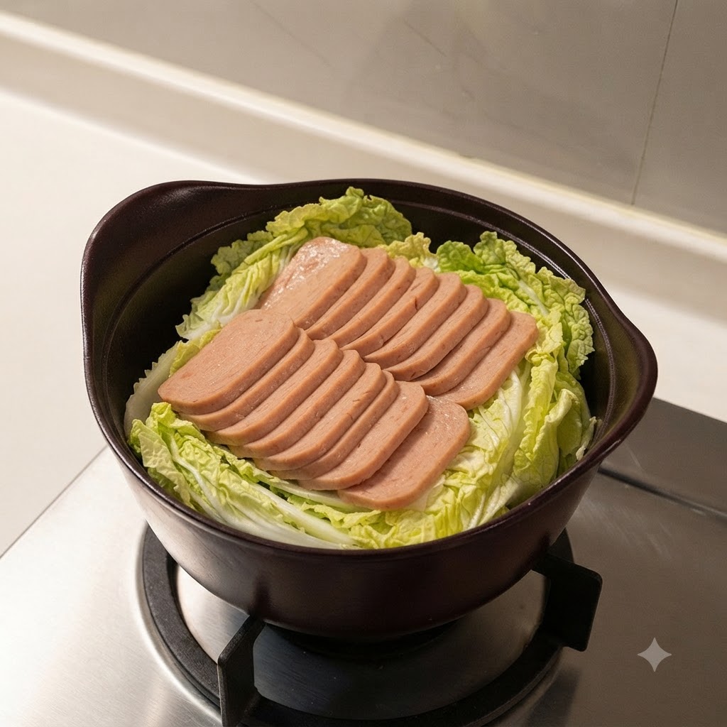 Agencement de tranches de luncheon meat disposées proprement sur le chou dans la casserole.