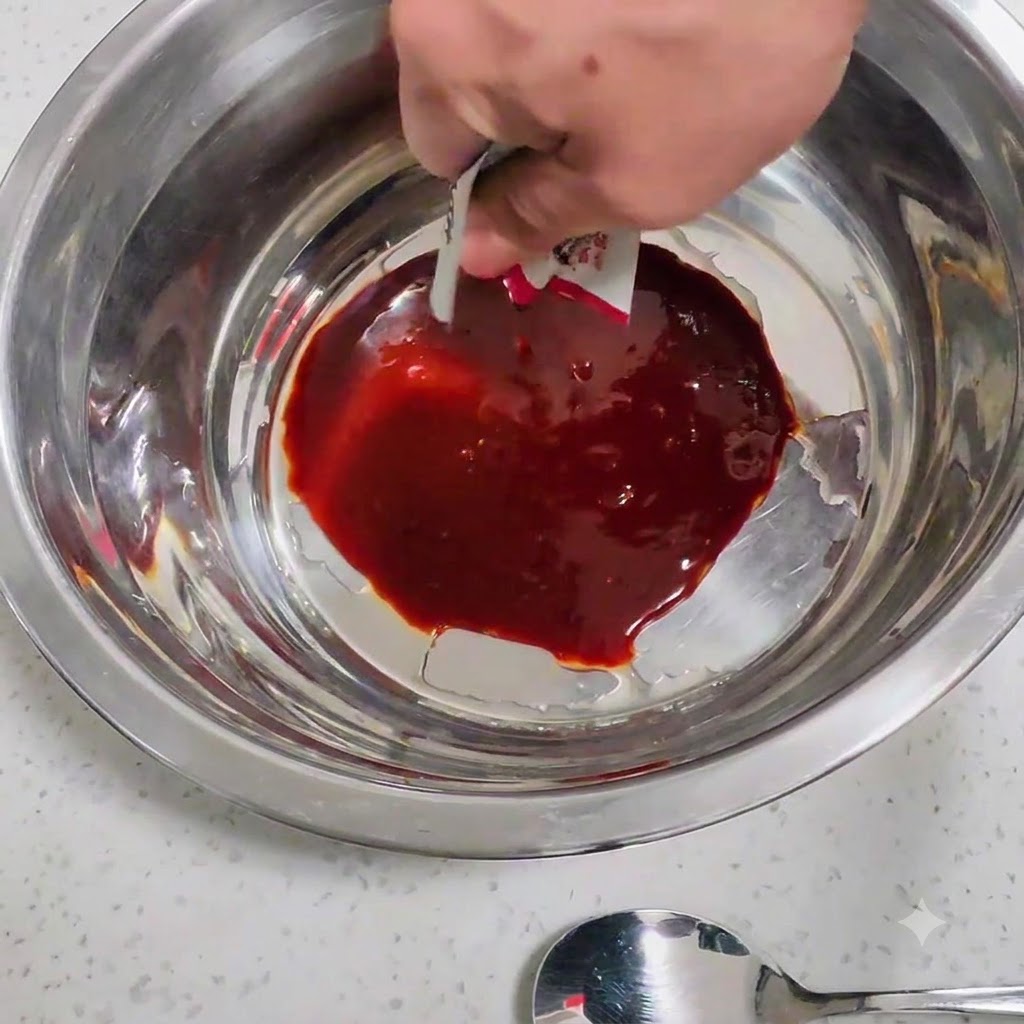 De la pâte de piment coréenne et dautres assaisonnements placés dans un bol mélangeur en métal.