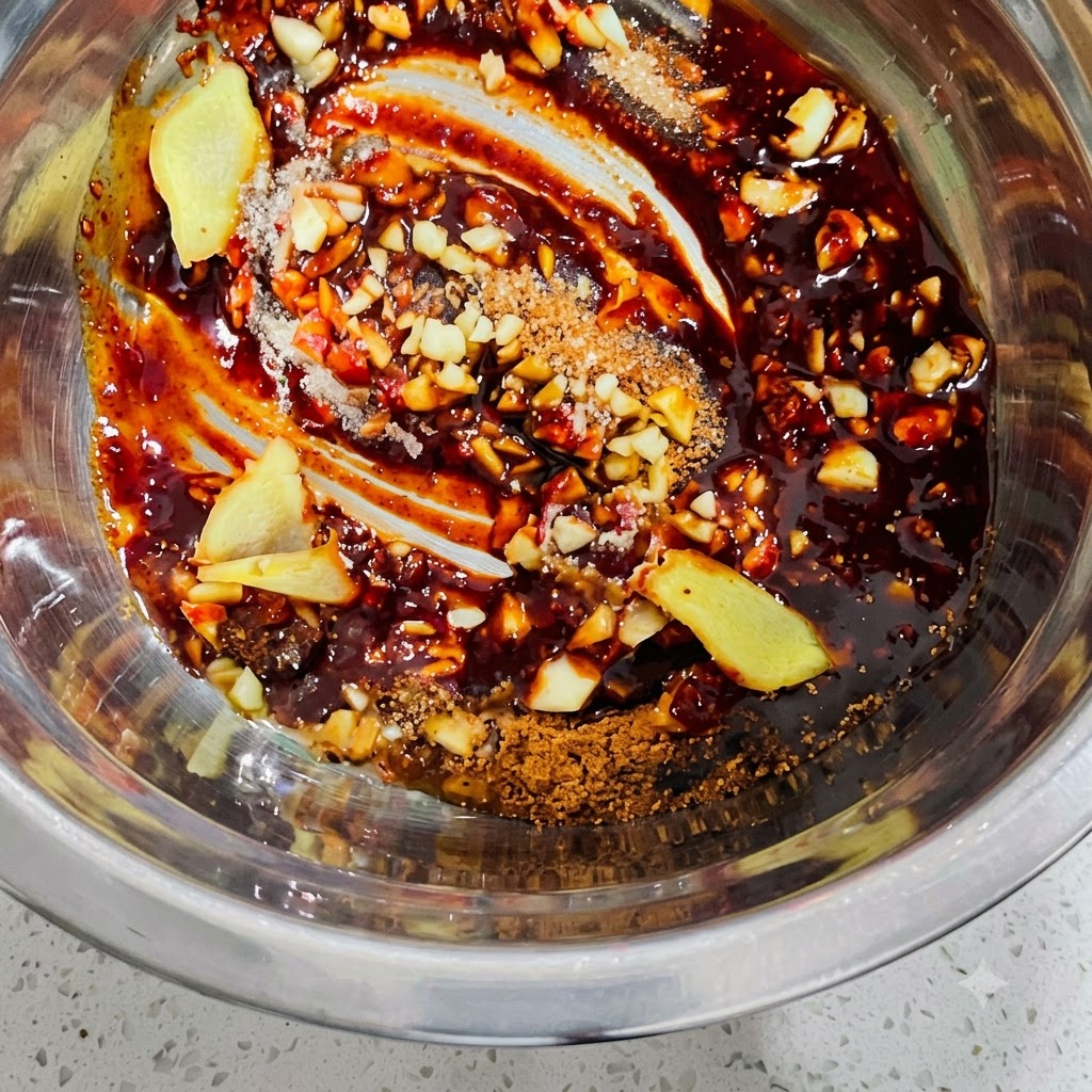 Un bol contenant de la pâte de piment coréenne, de lail haché, des tranches de gingembre et des assaisonnements en poudre en train dêtre mélangés.