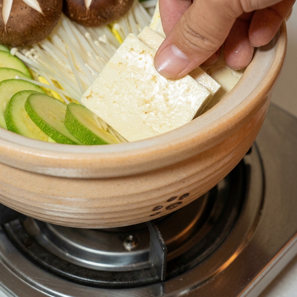 Tranches de tofu ferme disposées à lintérieur du plat de cuisson.