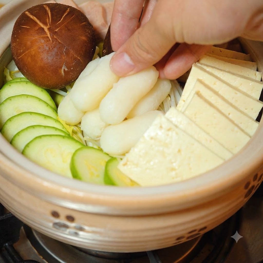 Gâteaux de riz cylindriques blancs placés dans le plat.