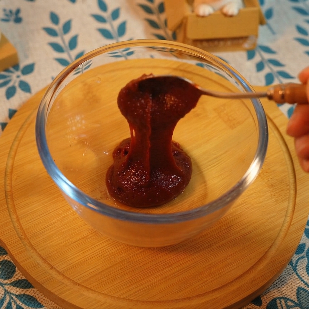 Pâte de piment coréenne, ketchup, sel et sauce soja claire mélangés dans un bol en verre avec du soda.