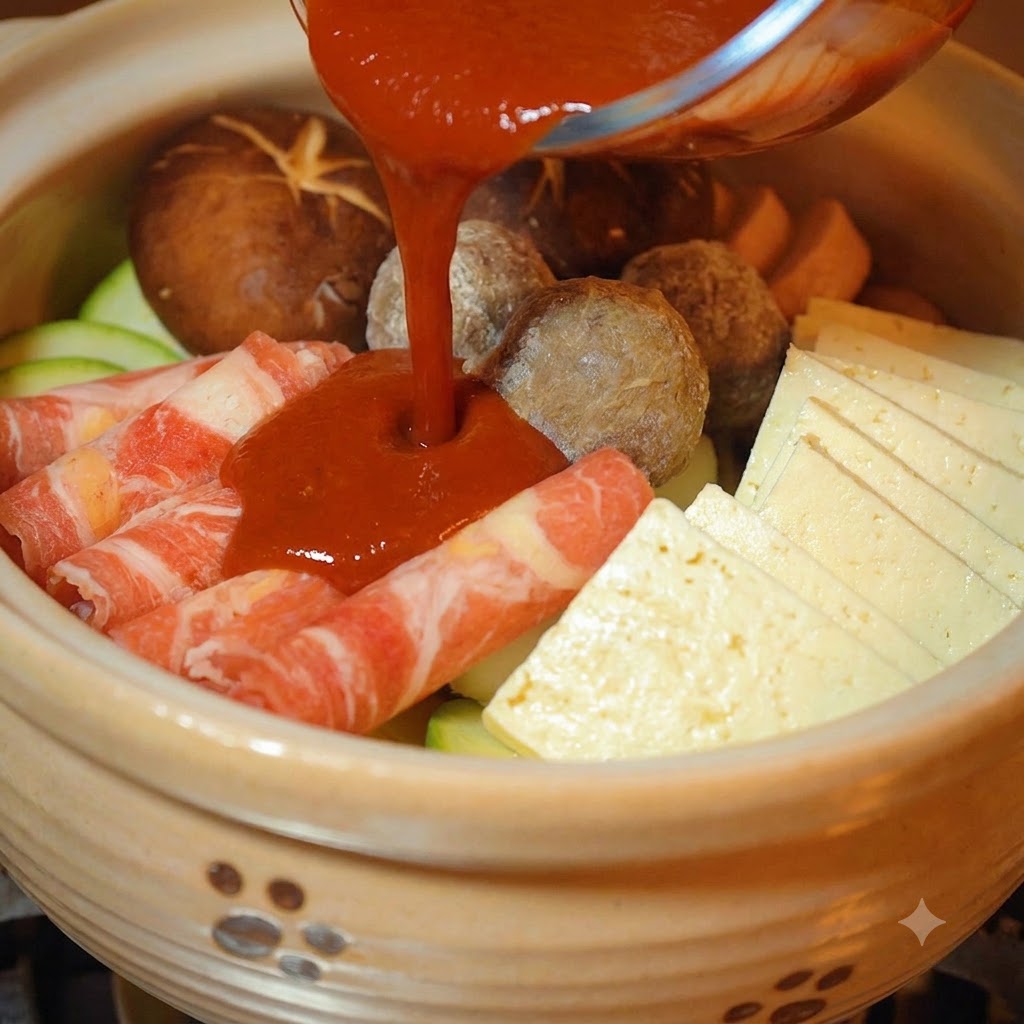 Le mélange de sauce rouge préparé versé sur les ingrédients à lintérieur du plat.