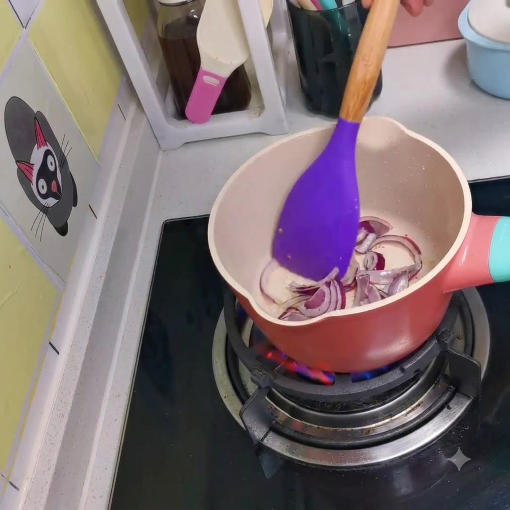 Tranches doignons rouges en train dêtre légèrement sautées dans une petite casserole rose sur une plaque de cuisson.