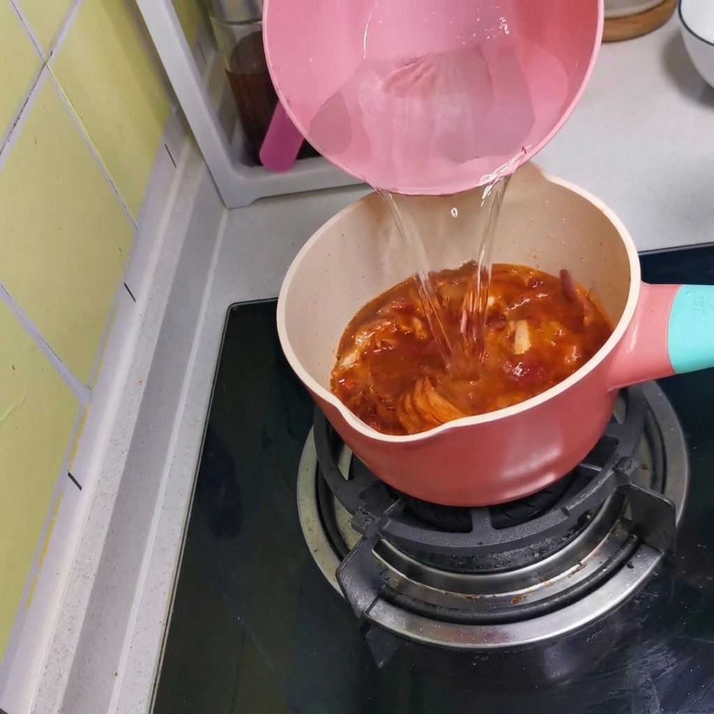 De leau chaude versée dune pichet rose dans la casserole pour former la base de soupe.