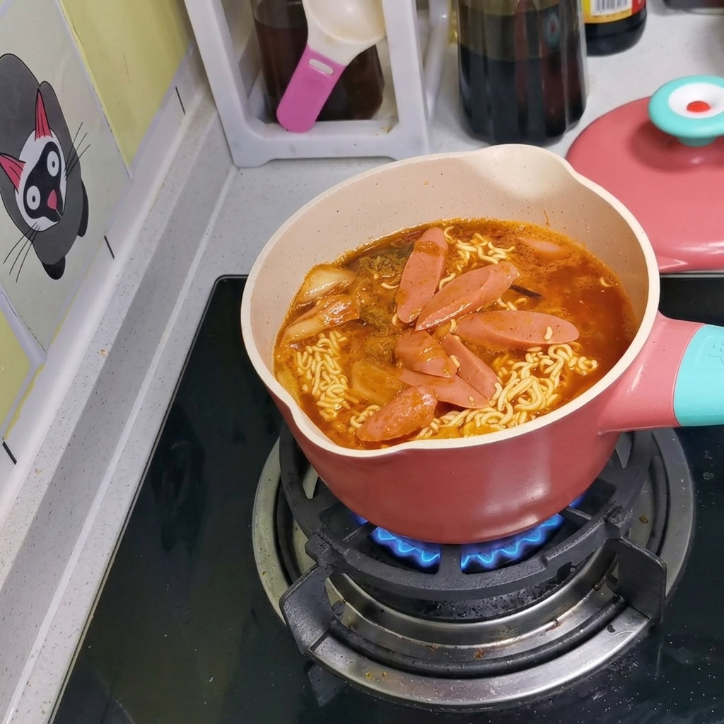 Une casserole rose sur une cuisinière contenant des nouilles, du bouillon et des tranches de saucisses pendant la cuisson.