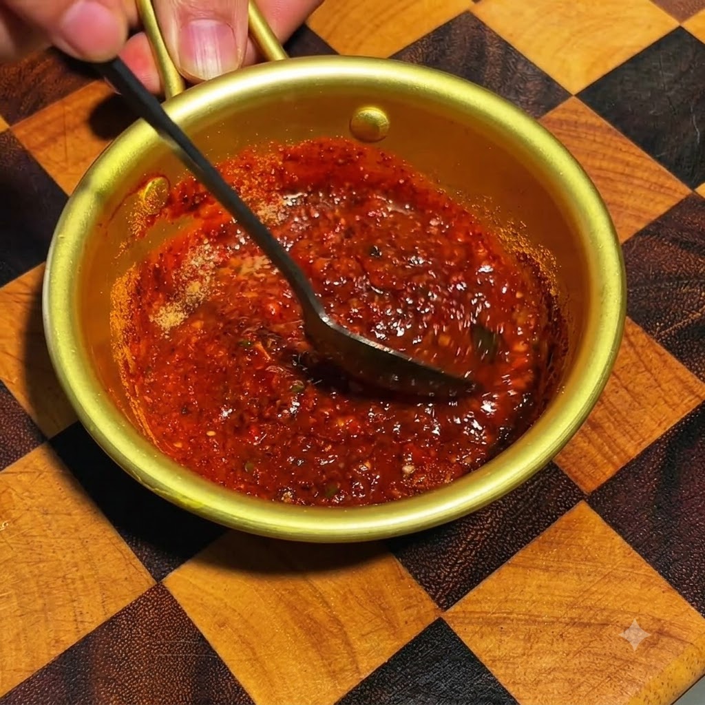 Une cuillère sombre remuant un mélange épais de sauce mala rouge à lintérieur dun bol en métal doré.