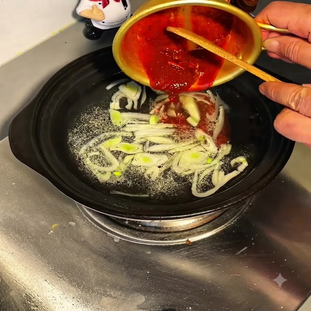 Mélange de sauce rouge versé dun bol doré dans la marmite deau frémissante et doignons verts.