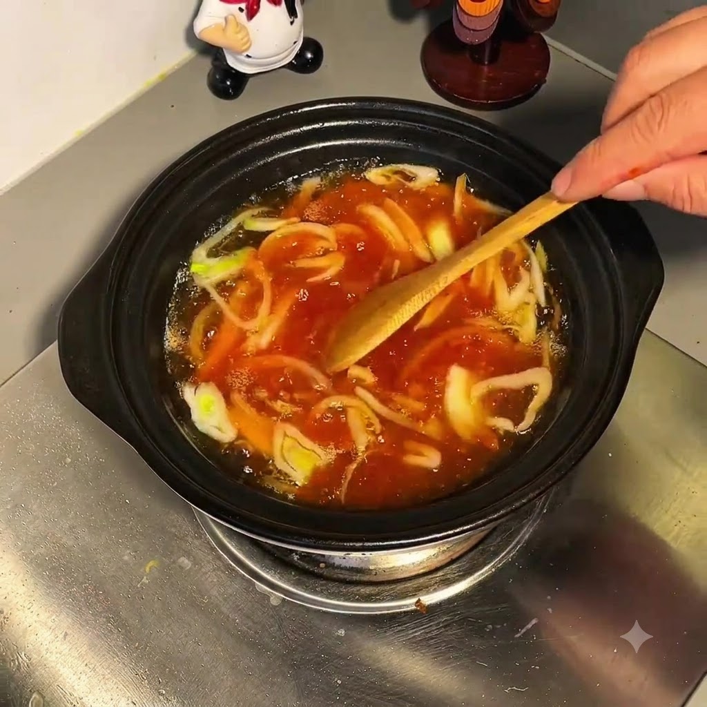 Un ustensile en bois remuant le mélange de bouillon bouillant avec les oignons verts et la sauce dissoute.