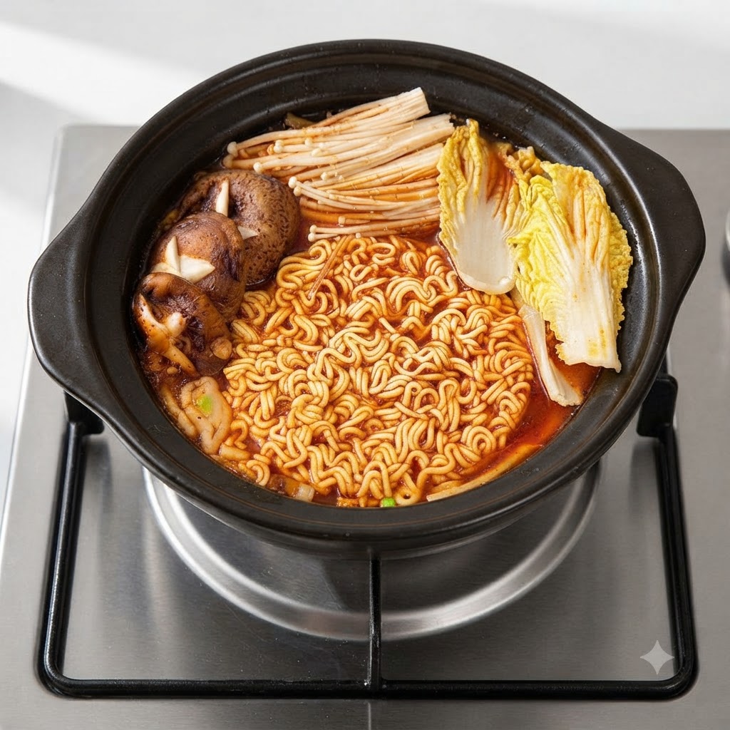 Une marmite remplie de nouilles ramen, de champignons enoki, de champignons shiitake et de chou chinois mijotant dans un bouillon rouge.