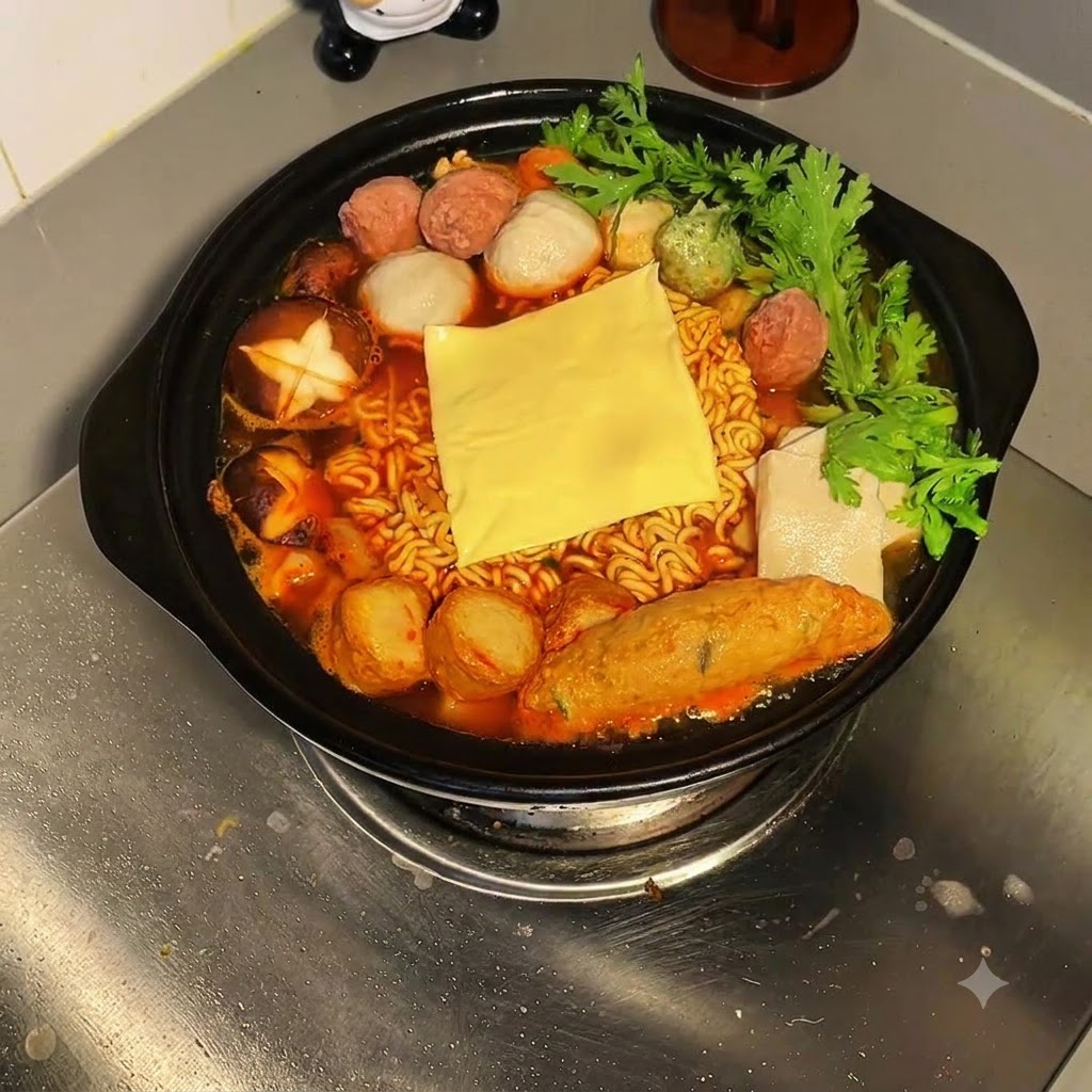 Une tranche de fromage jaune centrée sur le ragoût de nouilles bouillonnant rempli de boulettes de poisson, de champignons et de légumes verts.