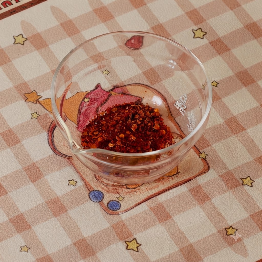 Pâte de piment coréenne, poudre de piment, sucre, huile de sésame, sauce huître et sauce soja mélangées avec de leau dans un bol en verre.