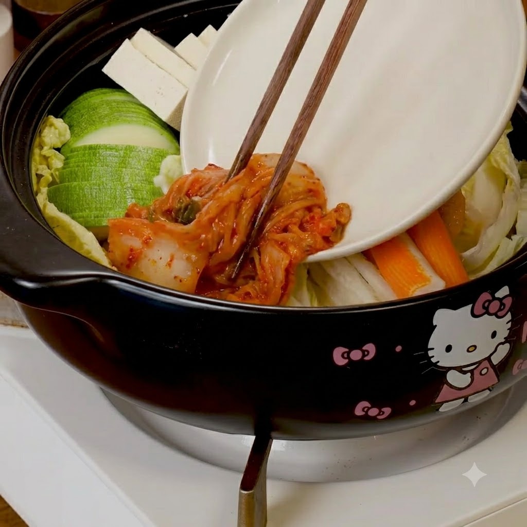 Kimchi et bœuf gras tranché ajoutés aux ingrédients assemblés à lintérieur de la casserole à laide de baguettes.