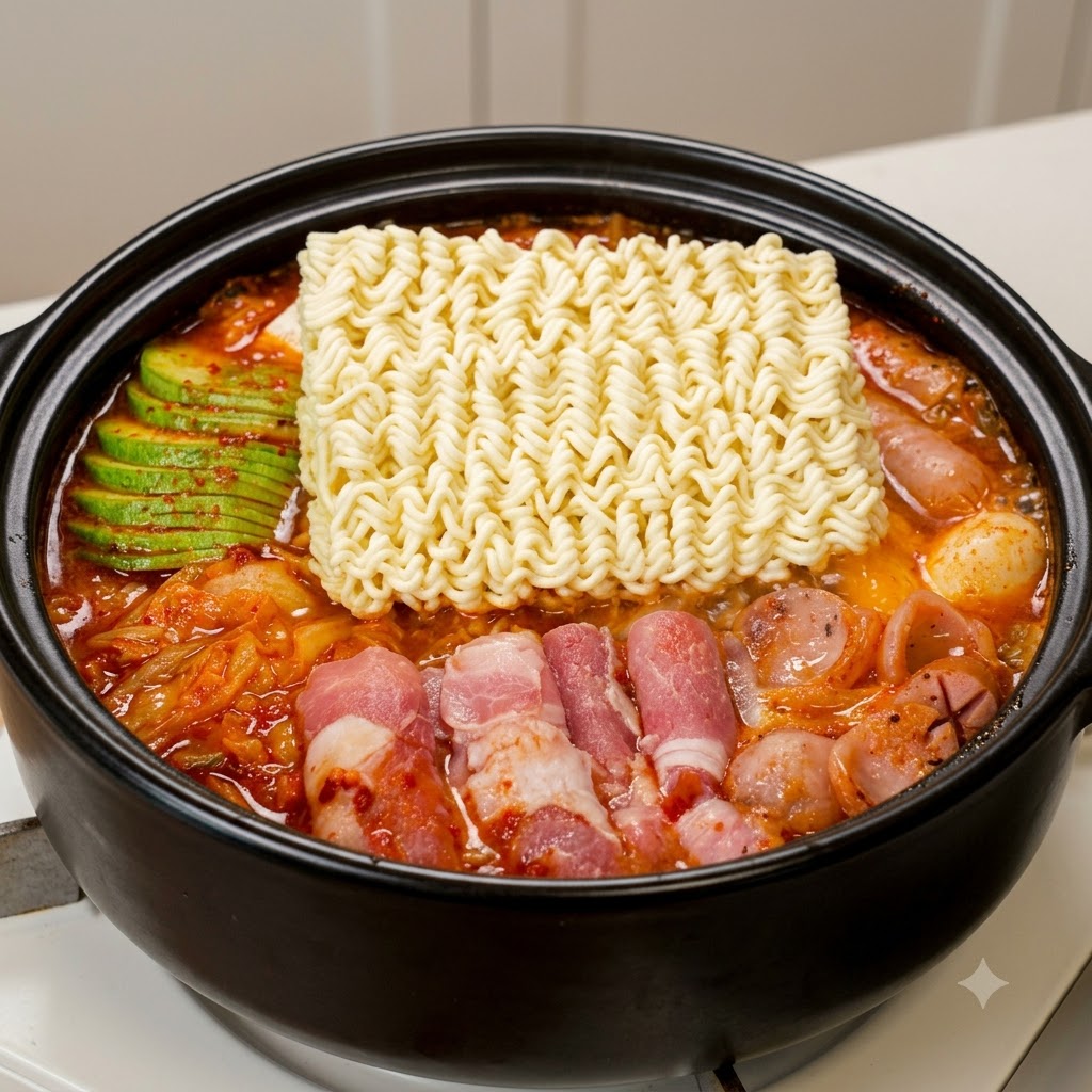 Un bloc de nouilles instantanées placé dans la casserole chaude et bouillante à côté des légumes et de la viande tranchés.