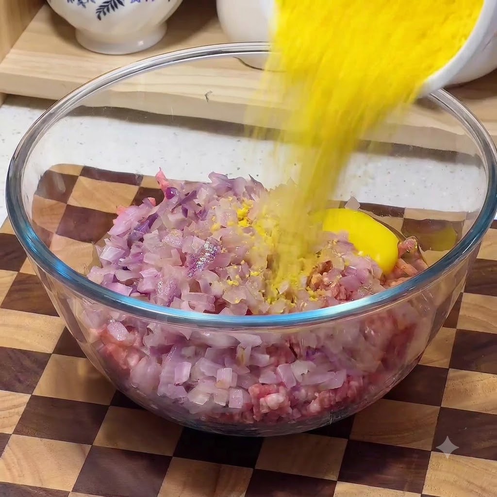 Un grand bol en verre rempli de bœuf haché, doignons hachés et dun œuf dans lequel on verse de la chapelure jaune.