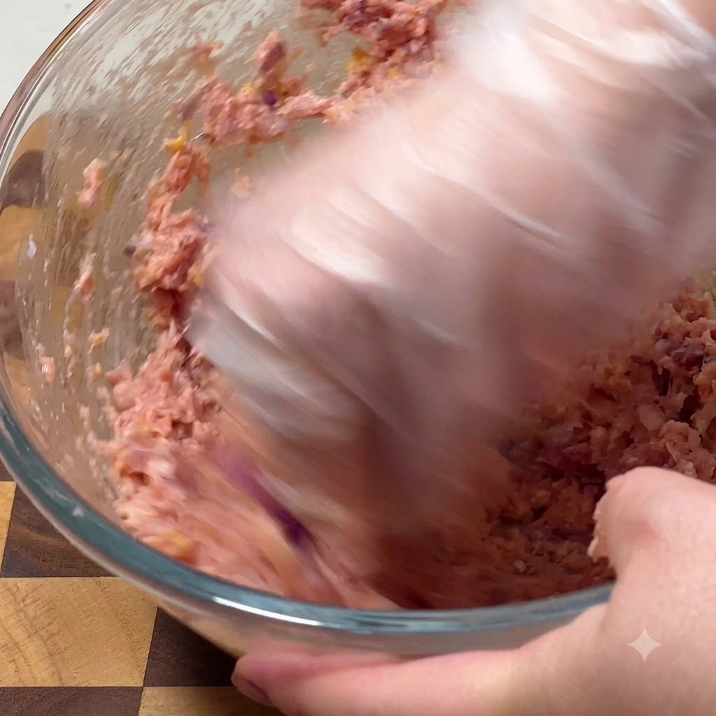 Une main gantée en train de mélanger et de pétrir activement de la viande hachée dans un bol en verre.