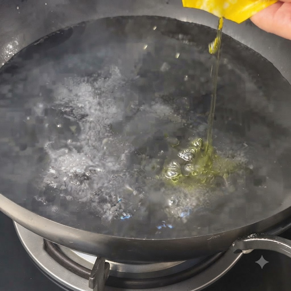 De lhuile dolive versée dans une casserole deau bouillante sur la cuisinière.