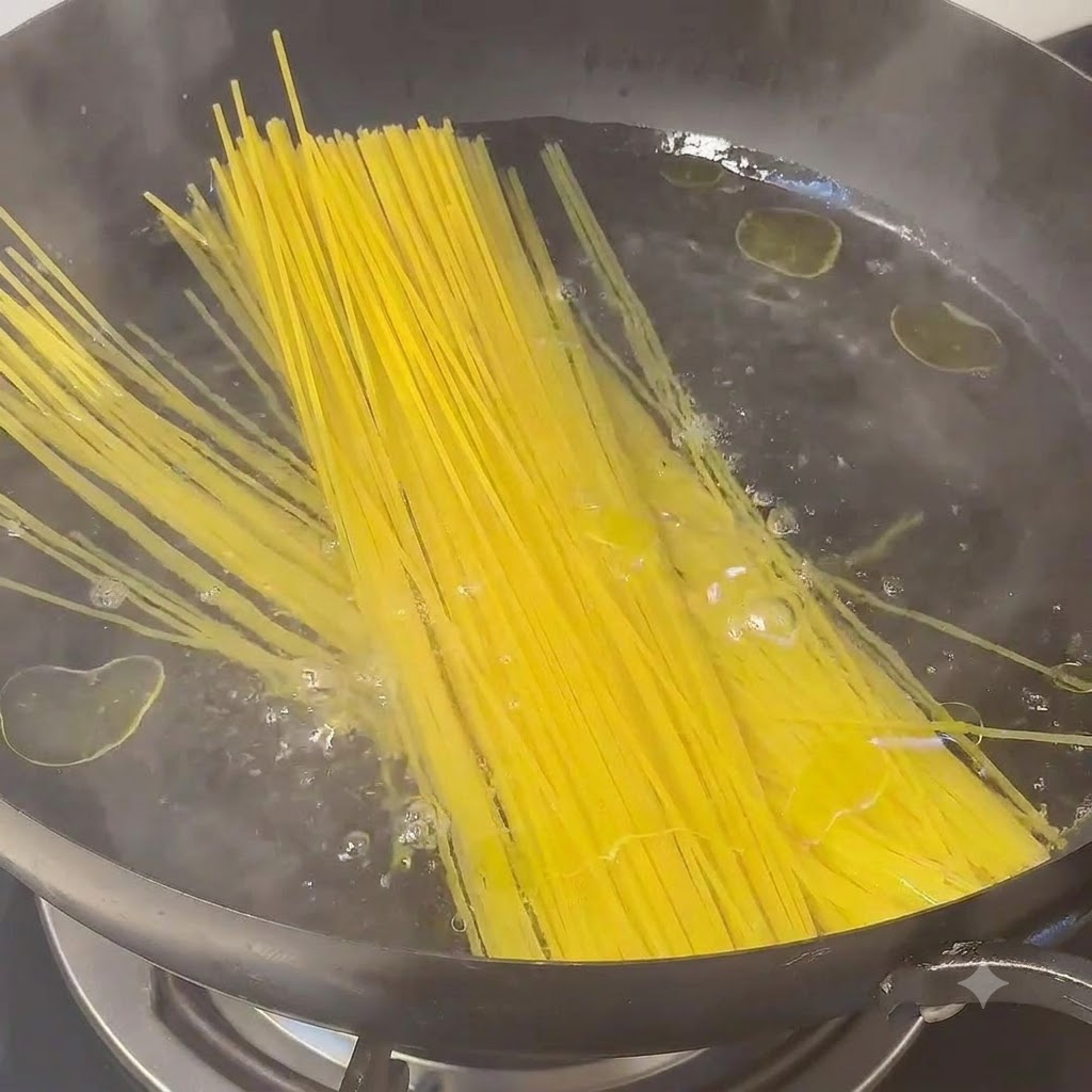 Un paquet de longs spaghettis jaunes plongés dans une casserole deau bouillante.