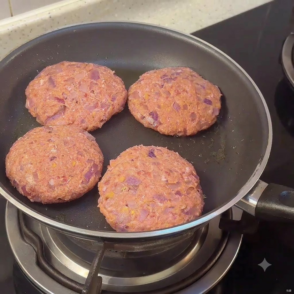 Quatre steaks hachés crus en train de grésiller dans une poêle sur la cuisinière.