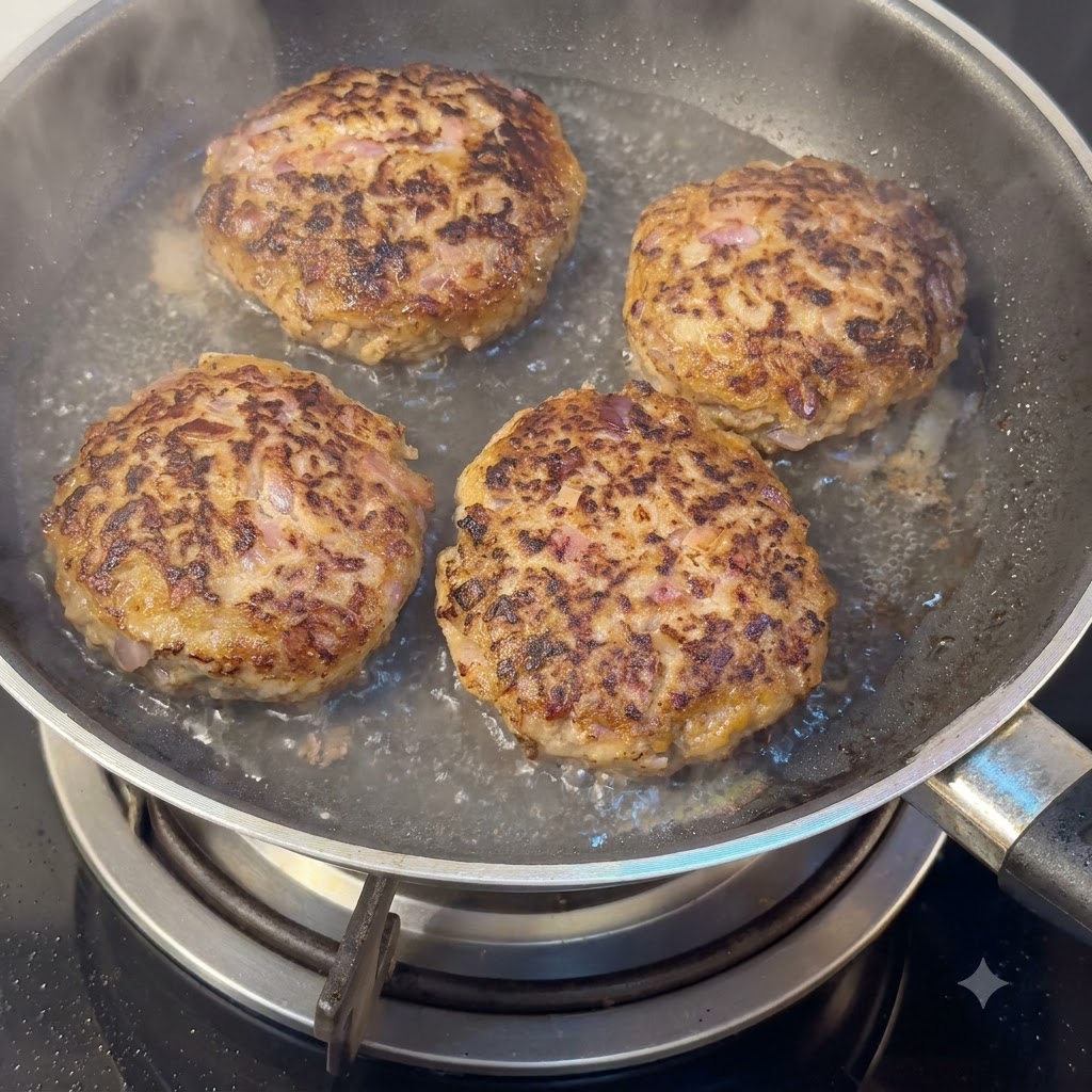 Quatre steaks hachés dorés qui mijotent avec de leau dans une poêle sous la vapeur.