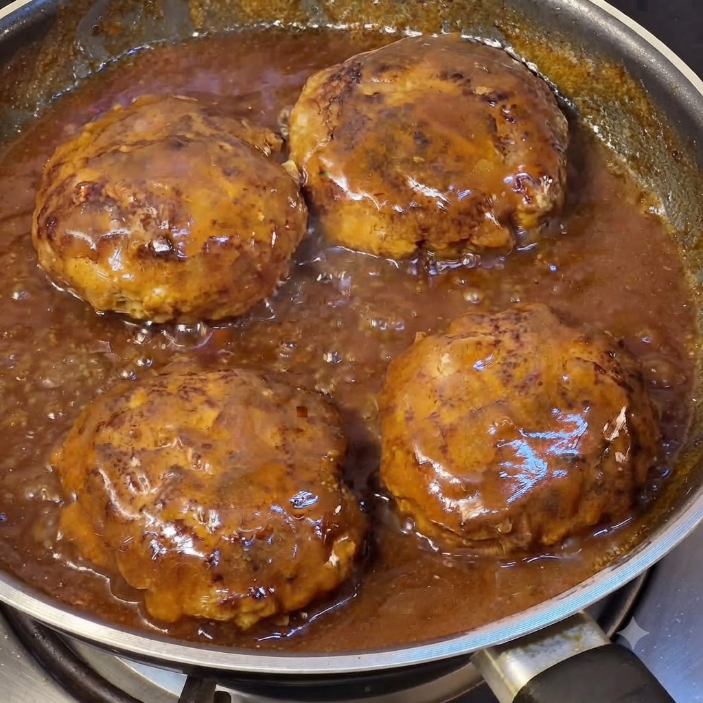 Des steaks hachés qui mijotent et sont nappés dune riche sauce brune à lintérieur de la poêle.