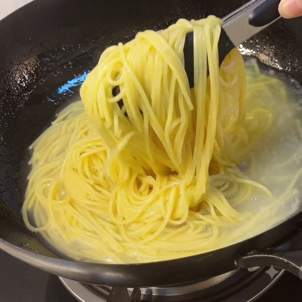 Des brins de spaghettis cuits soulevés avec des pinces dune casserole deau vers une poêle.