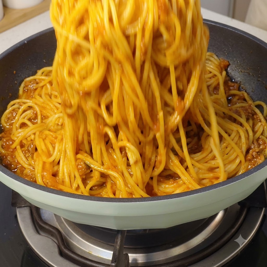 Des spaghettis mélangés et enrobés de sauce dans une poêle.