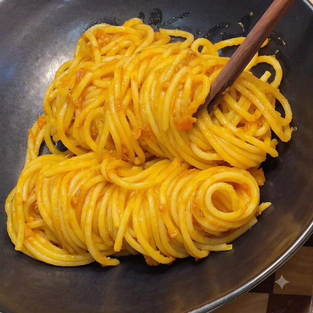 Des spaghettis mélangés disposés proprement dans un bol de service foncé avec des baguettes.