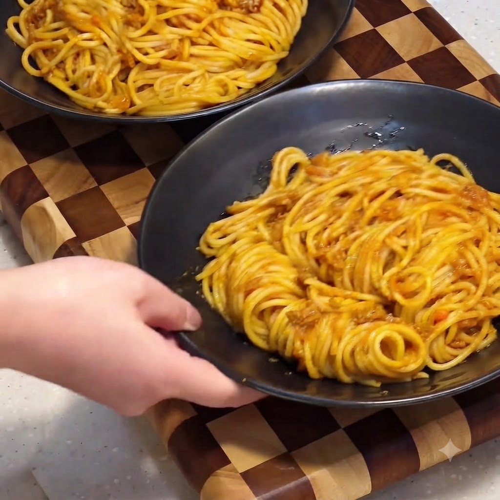 Une tranche de fromage jaune posée directement sur un bol de pâtes en sauce.