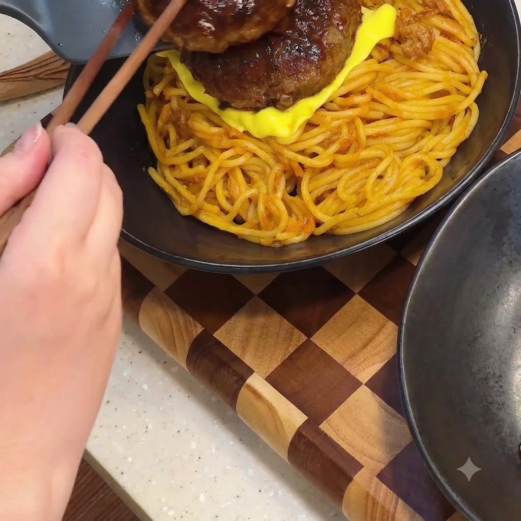 Deux steaks hachés glacés placés avec des baguettes sur les pâtes recouvertes de fromage.