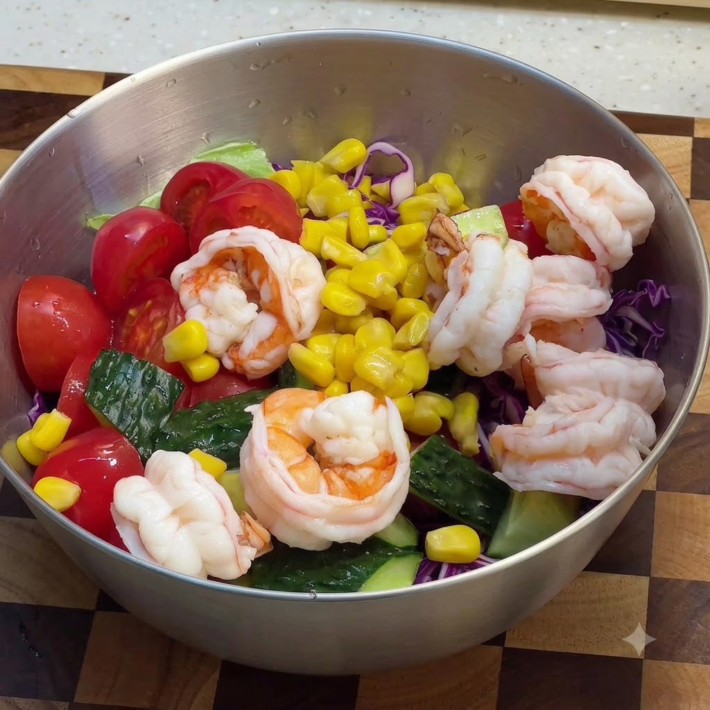 De la sauce pour salade versée dans un bol en acier inoxydable rempli de crevettes fraîches, de maïs, de tomates cerises et de chou rouge.