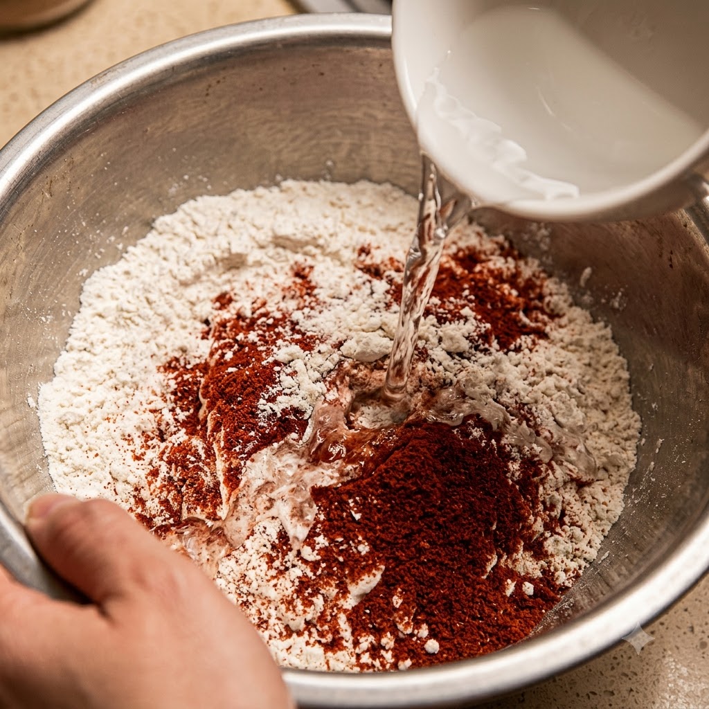 De leau versée dans un bol de farine, de sel, de piment en poudre et de poivre noir pour former une pâte.