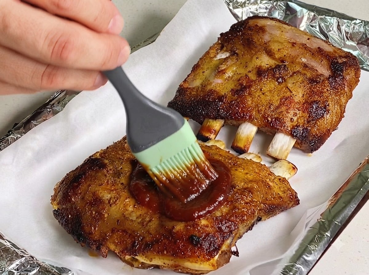 Des ribs de porc cuits avec les os exposés généreusement badigeonnés dune couche épaisse de sauce barbecue.