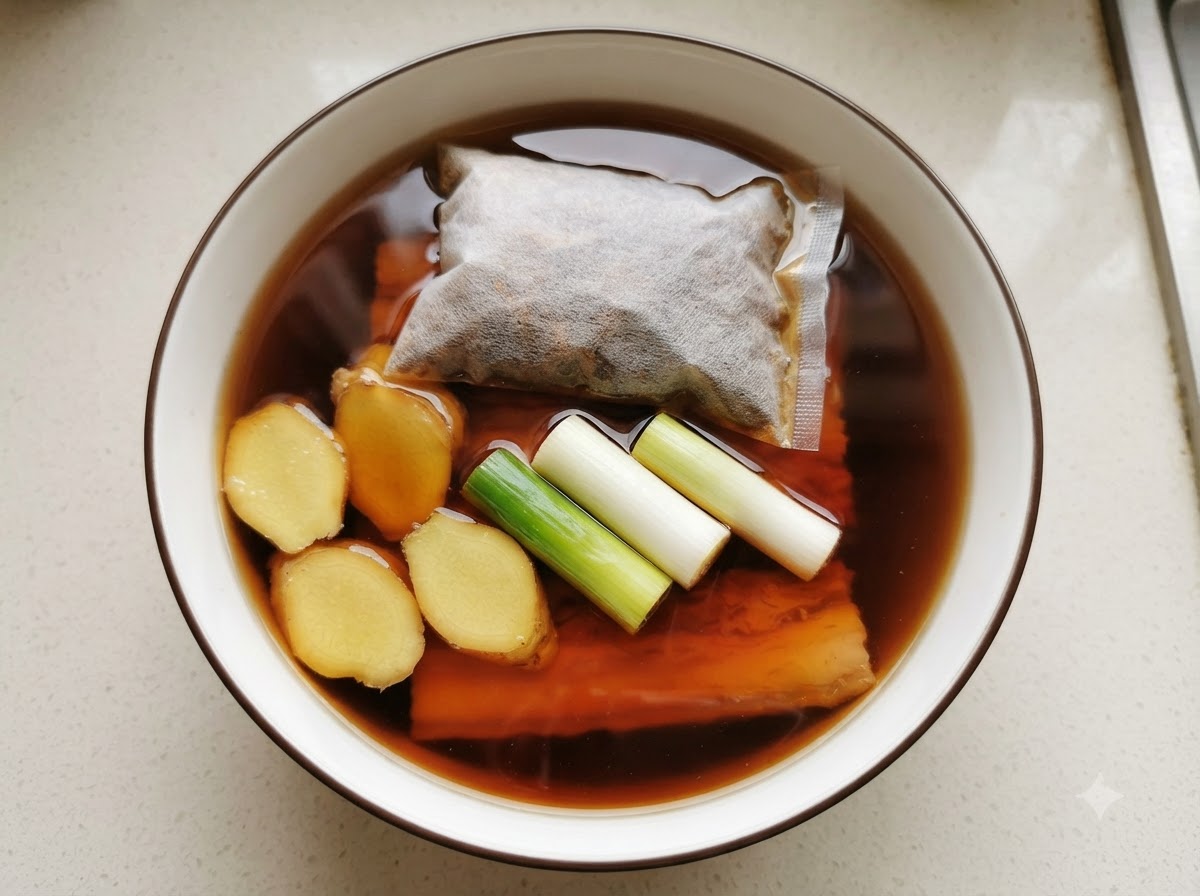 Un récipient rempli deau, de porc, de gingembre, doignons verts et dun sachet dépices prêt pour le braisage.